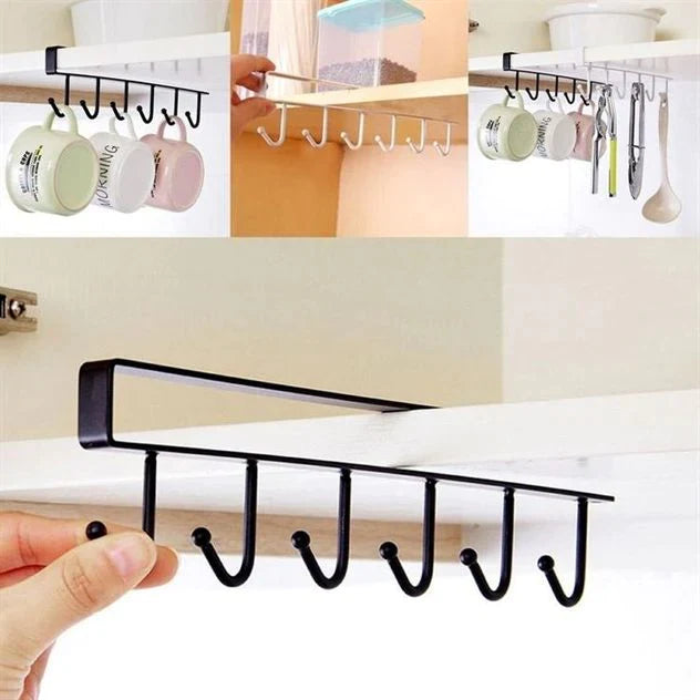 Cabinet Under Shelf 6 Hooks Iron Hanging Rack